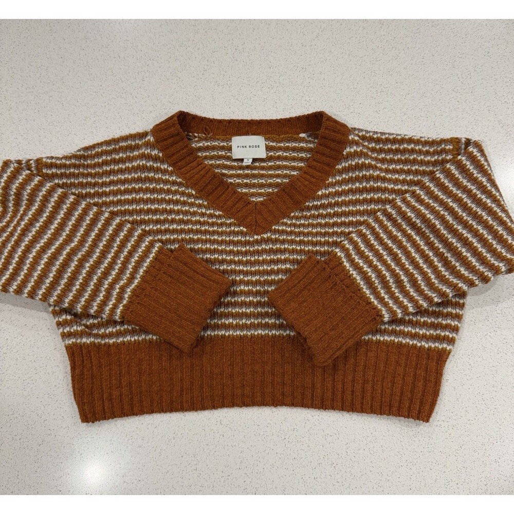 Pink Rose Women Cropped Knit V-neck Sweater Rust Orange Ribbed Cuffs Size Medium
